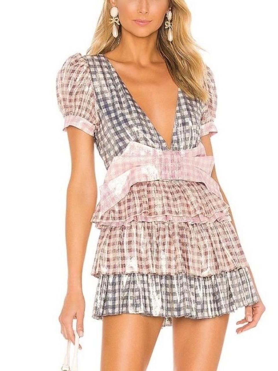 Loveshackfancy Metallic Plaid Tiered Mini Dress With Bow
